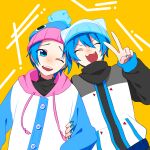  2boys :3 absurdres alternate_costume animal_hat beanie blue_eyes blue_hair blue_nails blue_sleeves blush buttons cat_hat closed_eyes commentary_request fish_hat fishy_overalls_(module) forehead hair_between_eyes hat highres holding holding_another&#039;s_arm hood hoodie kaito_(vocaloid) looking_at_another male_focus multiple_boys neko_cyber_(module) no_nose nose_blush one_eye_closed pink_hood shio_ice smile teeth upper_teeth_only v vocaloid white_hoodie yellow_background 