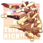  black_sclera border brown_fur buneary closed_mouth colored_sclera commentary_request english_text evolutionary_line lopunny mega_evolution_symbol mega_lopunny open_mouth outside_border pink_background pokemon pokemon_(creature) rabbit red_eyes wataame4907 white_border 
