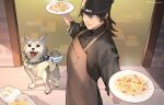  1boy apron aragaki_shinjirou beanie black_headwear book brown_apron brown_eyes brown_hair commentary dog english_commentary food grey_fur hat holding holding_plate indoors koromaru_(persona) male_focus open_book parted_lips pasta persona persona_3 plate red_eyes spaghetti standing steam tk_(tksnim) tongue tongue_out 