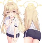  1girl :o ass black_shorts blonde_hair blue_archive blush breasts brown_eyes commentary_request gym_shirt gym_shorts gym_uniform hair_between_eyes hair_flaps halo hand_up hifumi_(blue_archive) highres long_hair looking_at_viewer multiple_views parted_lips puffy_short_sleeves puffy_sleeves satsuki_yukimi shirt short_shorts short_sleeves shorts simple_background small_breasts very_long_hair white_background white_shirt 