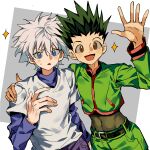  2boys :d belt blue_eyes blue_shirt blush brown_eyes covered_navel cropped_jacket gon_freecss green_hair green_jacket green_shorts hand_on_another&#039;s_shoulder hand_up highres hunter_x_hunter jacket killua_zoldyck male_focus midriff multiple_boys open_mouth shirt shorts simple_background smile sparkle spiked_hair sweatdrop waving white_hair white_shirt xi_luo_an_ya 