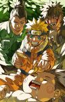  4boys absurdres akimichi_chouji black_hair blonde_hair blue_eyes brown_hair bush dappled_sunlight dog drooling food green_jacket grin highres holding holding_food inuzuka_kiba jacket multiple_boys nara_shikamaru naruto naruto_(series) open_mouth orange_jacket sleeping smile spiked_hair sunlight uzumaki_naruto xi_luo_an_ya 