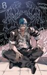  1boy absurdres black_jacket black_pants bleach blue_eyes blue_hair crossed_ankles grimmjow_jaegerjaquez highres jacket male_focus open_mouth outdoors pants shirt short_hair short_sleeves sitting solo spiked_hair white_shirt xi_luo_an_ya 