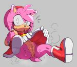 amy_rose anthro anus bodily_fluids boots bottomwear breasts butt clothed clothing clothing_lift dress eulipotyphlan eyelashes female footwear fur genitals gloves goldsden grey_background handwear hedgehog mammal partially_clothed pink_body pink_fur plump_labia puffy_anus pussy red_bottomwear red_clothing red_footwear red_shoes red_skirt sega shoes simple_background size_difference skirt skirt_lift small_breasts smaller_female solo sonic_the_hedgehog_(series) spazkid spread_legs spreading steam surprised_expression sweat sweatdrop tail