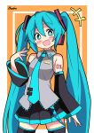  1girl ^^^ absurdres arm_at_side black_skirt black_thighhighs blue_eyes blue_hair blue_nails blue_necktie blush border collared_shirt cowboy_shot frilled_shirt frills grey_shirt hair_between_eyes hand_up hatsune_miku head_tilt hendra highres inset_border legs_apart long_hair looking_at_viewer miniskirt nail_polish necktie open_mouth orange_background pleated_skirt shirt sidelocks simple_background skirt sleeveless sleeveless_shirt smile solo thighhighs tie_clip twintails very_long_hair vocaloid white_border zettai_ryouiki 