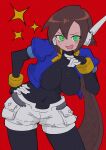  1girl absurdres aile_(mega_man_zx) black_bodysuit blue_jacket blush bodysuit bodysuit_under_clothes breasts brown_hair buzzlyears covered_navel cropped_jacket fang faux_traditional_media glowing green_eyes highres jacket long_hair looking_at_viewer medium_breasts mega_man_(series) mega_man_zx mega_man_zx_advent open_clothes open_jacket ponytail red_background robot_ears shorts simple_background solo star_(symbol) white_shorts 