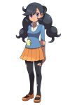  1girl absurdres arm_behind_back asatsuki_(fgfff) bangs black_hair black_legwear blue_sweater closed_mouth collared_shirt commentary_request emma_(pokemon) eyelashes full_body highres looking_at_viewer orange_footwear orange_skirt pantyhose pleated_skirt pokemon pokemon_(game) pokemon_xy purple_eyes shirt shoes simple_background skirt sleeves_past_elbows solo standing sweater torn_clothes torn_legwear twintails white_background white_shirt 