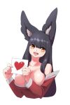  1girl ahri_(league_of_legends) animal_ear_fluff animal_ears bare_shoulders black_hair breasts cleavage detached_sleeves dress facial_mark fox_ears fox_girl heart highres holding holding_paper korean_clothes large_breasts league_of_legends long_hair looking_at_viewer open_mouth paper red_dress simple_background smile solo teeth upper_teeth_only whisker_markings white_background yabby yellow_eyes 