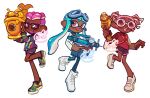  1boy 2girls aerospray_(splatoon) blue_hair boots closed_mouth commission cross-laced_footwear dark-skinned_female dark_skin english_commentary eyelashes full_body glasses goggles goggles_on_head inkling_girl inkling_player_character leggings_under_shorts long_hair multiple_girls octoling_boy octoling_player_character open_mouth pink_hair pointy_ears rainmaker_(splatoon) red-tinted_eyewear red_eyes shoes short_hair simple_background smile splash-o-matic_(splatoon) splatoon_(series) splatoon_3 standing standing_on_one_leg teeth tentacle_hair thick_eyebrows tinted_eyewear tokkibada upper_teeth_only white-framed_eyewear white_background white_footwear 