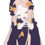  1girl :d abigail_williams_(fate) black_bow black_dress black_headwear blush_stickers bow closed_eyes commentary dress fate/grand_order fate_(series) fingernails hair_bow hat head_tilt light_brown_hair long_hair long_sleeves looking_at_viewer multiple_hair_bows open_mouth orange_bow parted_bangs polka_dot polka_dot_bow simple_background smile solo steepled_fingers sumi_(gfgf_045) teeth upper_body upper_teeth_only white_background 
