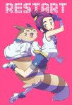  &gt;_&lt; 1boy 24x24 black_hair blue_shorts blush clothed_pokemon full_body furret gloves highres holding holding_poke_ball jacket kieran_(pokemon) male_focus open_mouth pink_background poke_ball pokemon pokemon_(creature) pokemon_sv purple_hair shoes shorts simple_background single_glove sneakers tank_top white_jacket white_tank_top yellow_eyes 