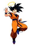  1boy absurdres black_eyes black_hair blue_footwear collarbone commentary dougi dragon_ball dragon_ball_z english_commentary full_body halo hand_up highres knee_up looking_at_viewer male_focus open_hand open_mouth orange_pants orange_shirt pants sash shirt smgold son_goku spiked_hair toned toned_male toriyama_akira_(style) twitter_username undershirt waving white_background wristband 