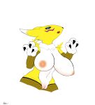 absurd_res anthro armwear aroused bandai_namco big_breasts big_butt big_ears bodily_fluids breasts butt clothing digimon digimon_(species) female fur genitals hi_res legwear looking_at_viewer mammal meow mount nipples nude open_mouth pose presenting pussy raysixtails renamon side_boob side_view simple_background simple_coloring solo sweat symbol symbol_tattoo teasing teasing_viewer thick_thighs white_body white_fur wide_hips yellow_body yellow_fur
