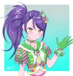  1girl blue_background border breasts choker closed_mouth cropped_torso earrings gloves green_choker green_gloves green_jacket green_neckerchief hair_ornament hand_up heart heart_earrings highres hourai_ninjin jacket jewelry long_hair looking_at_viewer midriff neckerchief open_hand pretty_series pripara purple_hair short_sleeves side_ponytail small_breasts smile solo toudou_shion upper_body white_border yellow_eyes 