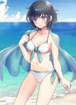  1girl aqua_nails beach bikini black_hair blue_eyes breasts cape cleavage commentary_request commission feet_out_of_frame front-tie_bikini_top front-tie_top highres looking_at_viewer medium_breasts medium_hair murasa_minamitsu ocean side-tie_bikini_bottom skeb_commission smile solo standing swimsuit tomobe_kinuko touhou white_bikini 