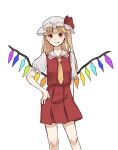  1girl :p alternate_hair_length alternate_hairstyle arm_at_side blunt_bangs contrapposto crystal eyelashes feet_out_of_frame flandre_scarlet frilled_shirt_collar frills hand_on_own_hip hat highres karura_2344 long_hair looking_at_viewer mob_cap nail_polish necktie pleated_skirt puffy_short_sleeves puffy_sleeves red_eyes red_nails red_skirt red_vest short_sleeves simple_background skirt skirt_set solo standing tongue tongue_out touhou very_long_hair vest white_background white_headwear wings yellow_necktie 