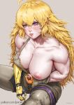  artist_name bare_shoulders blonde_hair breasts cowboy_shot green_overalls hair_between_eyes highres kuon_(kwonchanji) large_breasts long_hair looking_at_viewer mechanical_arms messy_hair muscular muscular_female nipple_slip nipples no_bra one_breast_out overalls patreon_username purple_eyes rwby shiny_skin simple_background single_mechanical_arm sitting sweat sweatdrop tongue tongue_out yang_xiao_long zipper zipper_pull_tab 