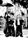 4boys absurdres baseball_bat book buttons crossed_arms full_body gakuran gon_freecss greyscale hawaiian_shirt highres holding holding_umbrella hunter_x_hunter jacket killua_zoldyck kurapika leorio_paladiknight looking_at_viewer male_focus mask monochrome mouth_mask multiple_boys open_book open_clothes open_jacket outdoors over_shoulder reading school_uniform shirt spiked_hair standing suit_jacket sunglasses surgical_mask tree umbrella weapon weapon_over_shoulder xi_luo_an_ya 