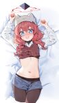  1girl :d absurdres arms_up bed_sheet blue_archive blue_eyes blue_shorts blush braid breasts collared_shirt groin hair_between_eyes halo hat highres long_hair long_sleeves looking_at_viewer lying maki_(blue_archive) maki_(camp)_(blue_archive) midriff navel on_back on_bed open_mouth painterliuhao panties pantyhose pillow red_hair shirt short_shorts shorts small_breasts smile solo stomach sweatdrop sweater thighs twin_braids underwear white_shirt 