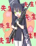  1girl animal_ear_fluff animal_ears bangs black_dress black_hair blue_archive blunt_bangs cat_ears china_dress chinese_clothes dress green_eyes gun highres long_hair object_hug open_mouth rifle short_sleeves shun_(blue_archive) smile solo thighhighs tiger_ears tony90535 twintails weapon weapon_case weapon_request white_legwear 