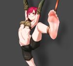  1girl absurdres amaebii armpits barefoot bike_shorts breasts chrono_trigger closed_mouth feet glasses greek_toe highres lucca_ashtear navel purple_hair restrained round_eyewear short_hair simple_background smile soles solo toes 
