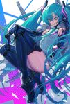  aqua_eyes aqua_hair aqua_nails aqua_necktie black_sleeves grey_shirt hatsune_miku headphones headset highres joints lc_butter long_hair mechanical_arms mechanical_legs necktie robot robot_joints shirt smile twintails very_long_hair vocaloid 