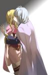  1boy 1girl absurdres blonde_hair braid cape commentary_request couple fire_emblem fire_emblem:_the_blazing_blade grey_background grey_hair hand_on_another&#039;s_chin hetero highres kiss kiss_day long_hair louise_(fire_emblem) midori_no_baku pent_(fire_emblem) purple_cape simple_background standing wide_sleeves 