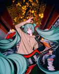  1girl absurdres arm_up blue_eyes blue_hair book book_stack commentary_request electric_guitar food fruit guitar hatsune_miku highres holding holding_guitar holding_instrument holding_plectrum hood hoodie instrument lemon long_hair long_sleeves looking_at_viewer miku_day open_mouth plectrum solo turu twintails very_long_hair vocaloid 