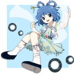  1girl :d black_footwear blue_background blue_eyes blue_hair blush chisel commentary drill_hair drill_sidelocks full_body hair_ornament hair_rings hair_stick highres kaku_seiga open_mouth short_hair sidelocks simple_background smile socks solo touhou veil white_socks yamadainari zun_(style) 