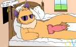 absurd_res animal_genitalia animal_penis anthro bed canid canine canine_genitalia canine_penis demanding digital_media_(artwork) dominant dominant_male eeveelution english_text erection fur furniture generation_1_pokemon genitals hi_res jolteon knot looking_at_viewer lying lying_on_bed male male/male mammal nintendo nude on_bed on_side penis pokemon pokemon_(species) shaded simple_background smile smug_expression smug_face smug_grin solo speedyvibes speedyvibes(fursona) text watermark yellow_body yellow_fur