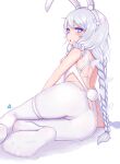  1girl absurdres animal_ear_fluff animal_ears ass azur_lane blue_eyes braid breasts butt_crack cameltoe chinese_commentary commentary_request fake_animal_ears feet from_behind highres le_malin_(azur_lane) le_malin_(listless_lapin)_(azur_lane) legs long_hair looking_back no_shoes official_alternate_costume open_mouth pantyhose rabbit_ears rabbit_tail sitting small_breasts soles solo tail thigh_strap thighs toes twin_braids twintails very_long_hair vinwri white_legwear 