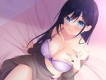  1girl blue_eyes blush bra breasts brown_skirt closed_mouth lingerie long_hair medium_breasts nata_ichio open_clothes open_shirt original panties purple_bra purple_hair purple_panties skirt smile solo underwear 