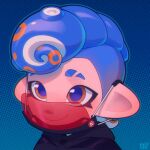  1boy absurdres blue_background blue_hair closed_mouth commentary_request eyebrow_cut highres inkumochi male_focus mask mohawk octoling octoling_boy octoling_player_character orange_eyes smile solo splatoon_(series) upper_body 