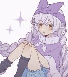  1boy black_socks blue_shorts bow braid capelet colored_eyelashes commentary crossed_bangs frilled_shorts frills fur-trimmed_capelet fur_hairband fur_trim hair_between_eyes hair_bow hairband highres long_hair maimaimaigoen male_focus otoko_no_ko pastea purple_bow purple_capelet purple_hairband ribbon shorts simple_background sitting socks solo twin_braids white_background white_hair white_ribbon yellow_eyes zoya_(maimaimaigoen) 