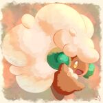  :d absurdres bright_pupils brown_background curled_horns dark_skin highres horns mikadzuki_(3kzzzk) no_humans open_mouth pokemon pokemon_(creature) smile whimsicott white_pupils yellow_eyes 