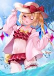 1girl absurdres alternate_costume bikini blonde_hair blue_sky blush bow bow_bikini bridal_garter cloud cloudy_sky collarbone commentary_request crystal day fang flandre_scarlet frilled_bikini frills hat hat_bow highres jacket legwear_garter long_sleeves looking_at_viewer midriff multicolored_wings naarsann navel one_eye_closed open_clothes open_jacket open_mouth palm_leaf pink_jacket pointy_ears red_bikini red_bow red_eyes short_hair_with_long_locks side_ponytail single_legwear_garter sky smile solo sparkle straw_hat swimsuit touhou water wings yellow_bow 