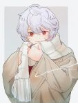  1boy chibi_ake closed_mouth coat grey_background grey_coat hands_up highres jewelry kuga_yuuma long_sleeves looking_at_viewer male_focus red_eyes ring shirt short_hair signature smile solo twitter_username upper_body white_hair white_shirt world_trigger 