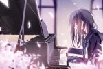  1girl black_hair blue_bow blue_neckwear bow closed_eyes commentary falling_petals highres instrument jewelry long_hair long_sleeves music original petals piano playing_instrument playing_piano profile ring sailor_collar school_uniform serafuku solo wedding_band yuiragi_yuki 