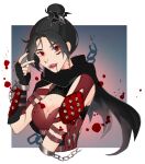  1girl alternate_costume animification apex_legends black_gloves black_hair black_nails black_scarf blood blood_from_mouth blood_splatter bodysuit breasts cleavage cleavage_cutout clothing_cutout cuffs english_commentary fangs fingerless_gloves gloves hair_behind_ear hair_bun highres itsaboutspoons medium_breasts nose_piercing piercing red_bodysuit red_eyes scarf shackles single_hair_bun solo sword_earrings upper_body v wraith_(apex_legends) 