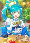  1girl absurdres back_bow basket blue_bow blue_hair blurry blurry_background bow brooch coffee_cup commission cup cure_spicy delicious_party_precure disposable_cup dress earrings food fork fruit fuwa_kokone gloves green_eyes hair_bow heart heart_brooch highres jewelry long_hair looking_at_viewer magical_girl medium_dress open_mouth outdoors plant precure sandwich side_ponytail sitting skeb_commission smile table twitter_username very_long_hair waka_(negronoir) white_gloves wide_ponytail 