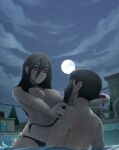  1boy 1girl ass_grab beck bra bra_on_head breasts couple full_moon highres in_water large_breasts looking_at_another minami_maho moon mycrys night night_sky nipples object_on_head outdoors pool sky star_(sky) starry_sky tanaka_yukio underwear 