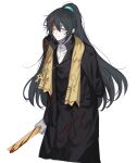  1boy black_coat black_hair coat cowboy_shot gloves high_ponytail highres holding holding_key hong_lu_(project_moon) jewelry key limbus_company long_hair long_sleeves looking_at_viewer male_focus mnt_(mnppf7) necklace project_moon solo stole very_long_hair white_gloves 