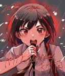  1girl bang_dream! black_hair blush brown_necktie character_name commentary_request dated happy_birthday highres looking_at_viewer mitake_ran multicolored_hair necktie open_mouth rain red_eyes red_hair satoshi_(peso727) shirt short_hair solo streaked_hair translated wet white_shirt 