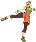  1girl arms_(game) beanie blonde_hair breasts green_eyes hat highres kicking leggings mask min_min_(arms) orange_shorts shoes short_hair shorts simple_background sneakers solo spacezin thick_thighs thighs white_background 