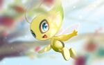  :d =_(9_yawbus) antennae blue_eyes blurry blurry_background celebi colored_skin fairy_wings flying full_body green_skin highres looking_at_viewer looking_back no_humans open_mouth pokemon pokemon_(creature) smile solo wings 
