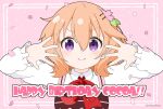  1girl brown_hair character_name closed_mouth commentary_request gochuumon_wa_usagi_desu_ka? hair_between_eyes hair_ornament hairclip hands_up happy_birthday hoto_cocoa long_sleeves looking_at_viewer mitya petals pink_background pink_vest puffy_long_sleeves puffy_sleeves purple_eyes rabbit_house_uniform shirt smile solo twitter_username uniform upper_body v-shaped_eyebrows vest waitress white_shirt 