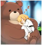  1girl animal barefoot bear belt black_belt blonde_hair blurry blurry_background border brown_fur chinese_commentary closed_eyes commentary_request dougi feet full_body highres kuma-bound martial_arts_belt original oversized_animal pants sleeping soles toes white_border white_pants zzz 