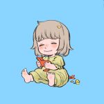  1girl barefoot blue_background bob_cut chibi closed_mouth dragon_(remains)_(dungeon_meshi) dress dungeon_meshi facing_viewer falin_touden flower full_body grey_hair hashtag-only_commentary highres holding kara_0907 petals short_hair simple_background sitting smile soles yellow_flower 