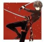  1boy belt belt_buckle black_footwear black_pants brown_belt brown_hair buckle buttons command_spell dual_wielding fate/samurai_remnant fate_(series) hair_ribbon highres holding katana long_sleeves low_ponytail miyamoto_iori_(fate) official_alternate_costume official_alternate_hairstyle outside_border pants partially_unbuttoned pinstripe_pattern pinstripe_shirt red_background red_ribbon ribbon sheath shirt short_ponytail simple_background solo striped_clothes striped_shirt sword thigh_belt thigh_strap unsheathed urtk07 vertical-striped_clothes vertical-striped_shirt weapon 