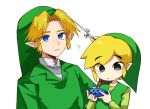 2miki_moon blonde_hair blue_eyes clothing duo ear_piercing ear_ring elf hair hat headgear headwear hi_res humanoid humanoid_pointy_ears hylian light_body light_skin link male musical_instrument nintendo not_furry ocarina_of_time piercing question_mark ring_piercing simple_background square_crossover the_legend_of_zelda toon_link wind_waker